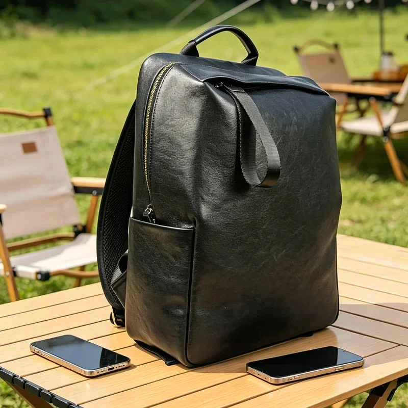 Fashionable Genuine Leather Backpack For Men With Large Capacity Top Layer Cowhide Round Bucket Shape Simple Computer Bag