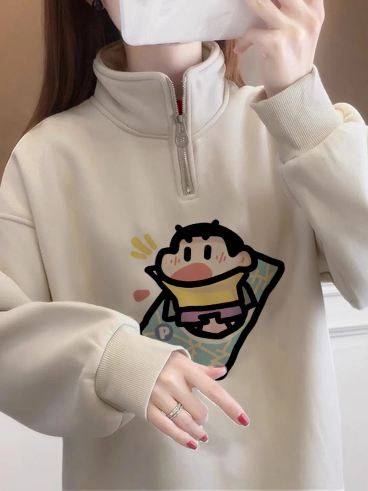 

Women's Fleece Lined Hoodie Half Zip Warm Outerwear Autumn Winter Fashion Casual Loose Fit Printed Sweatshirt for Couples