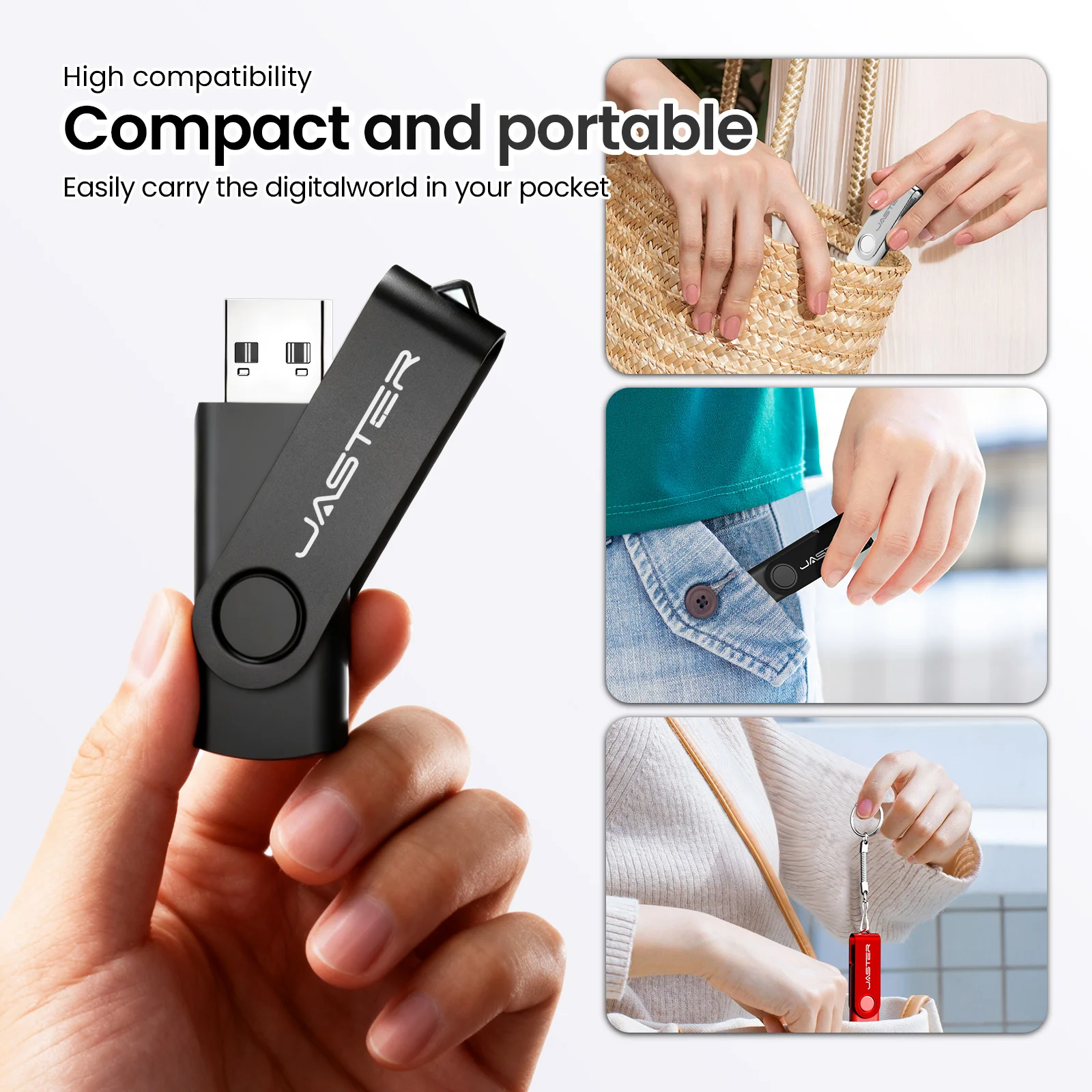 Silver-toned Swivel Metal Clips Pen Drive USB Flash Drives Plastic Light Memory Stick With Key Chain U Disk 64GB 4GB16GB 32GB