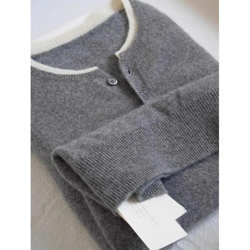 Simple and versatile round neck fake two-piece design cashmere knit cardigan autumn new interior