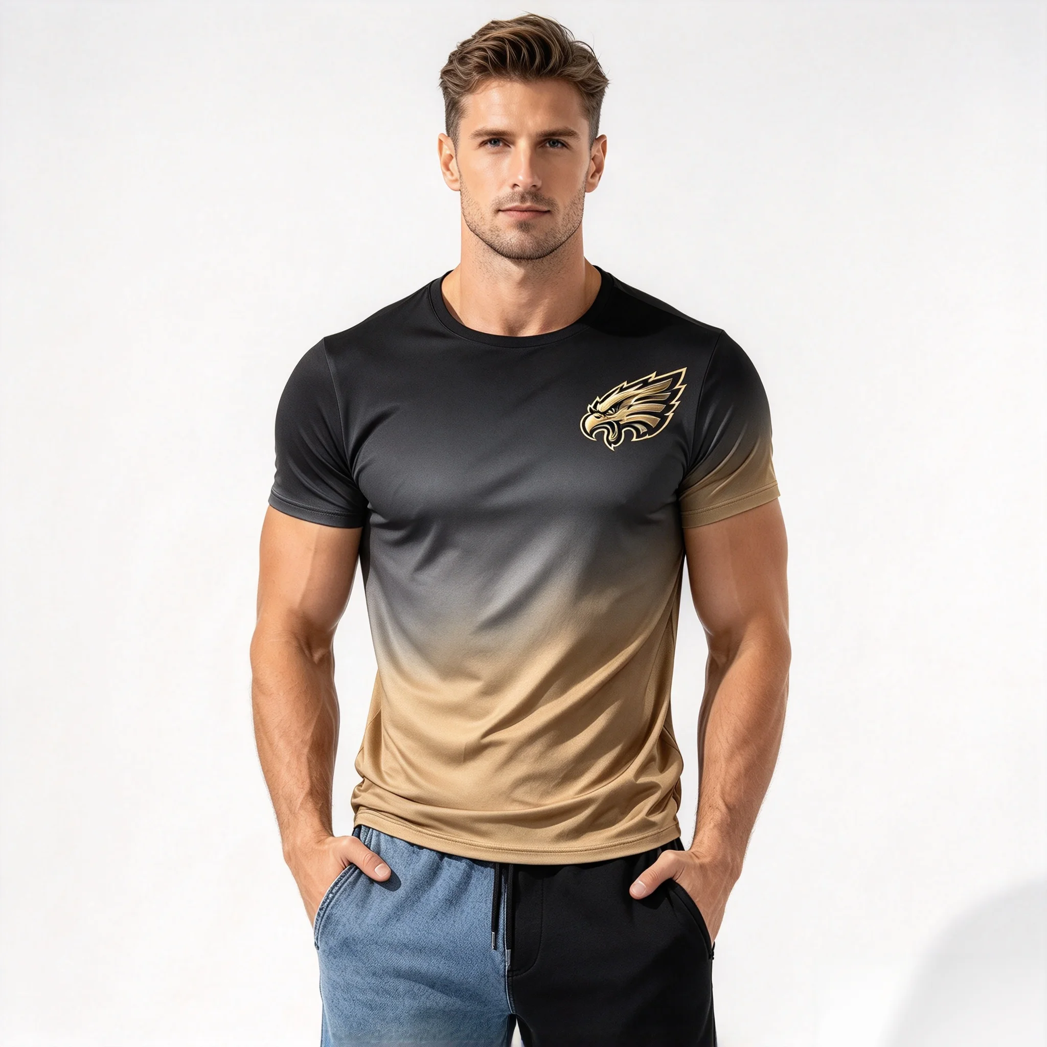Men Polyester 3D Print T-shirt Fashion Comfortable Hot Sale Black Khaki Gradient Eagle Head Graphic Short Sleeve Casual Tee