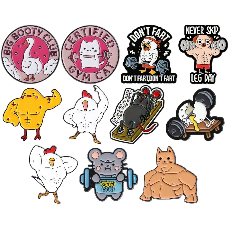 Fitness Animal Collection Enamel Pins Muscle Cat Dog Duck Chick Rat Brooches Badge Weightlifting Bodybuilding Jewelry Gift