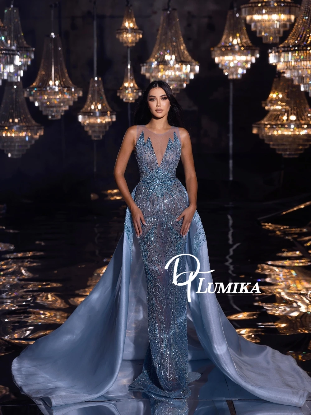 

Sexy Sheer Mesh Blue Flowing Train Formal Evening Dress For Women Shimmering Beaded Prom Party Red Carpet Banquet 2 in 1 Wear