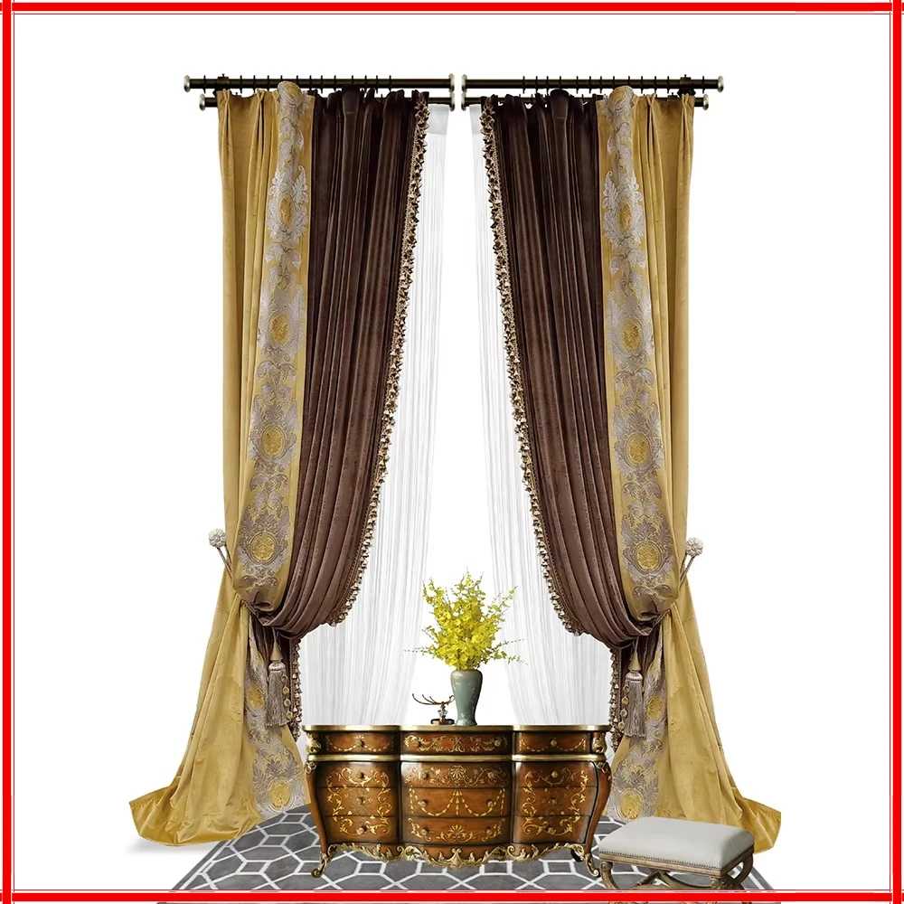

European Retro Villa Blackout Luxury Curtain for Living Room Bedroom Tulle Solid Color Stitching Embroidery Size Custom Velvet
