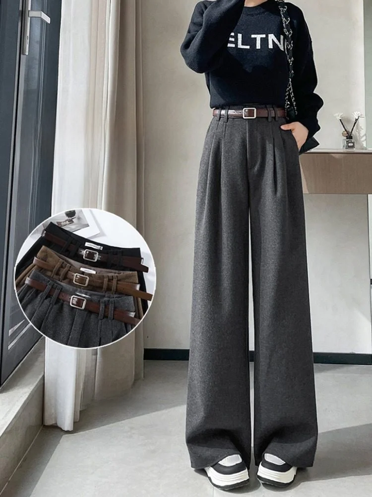 بنطلون نسائي واسع الساق بخصر مرتفع مبطن للخريف والشتاء، دافئ وأنيق بتصميم كلاسيكي، بنطلون طويل كاجوال