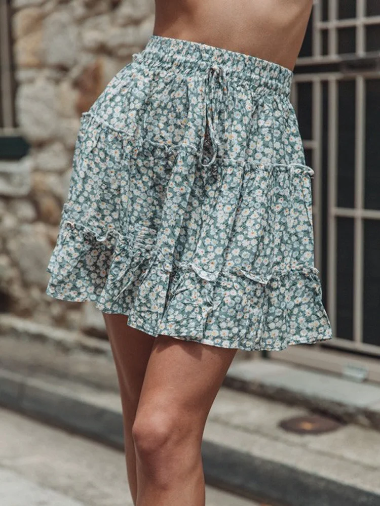 Floral Printed A-Line Mini Summer Pleated High Waist Harajuku Women Skirt New Sweet Elegant Ladies Short Beach Sexy