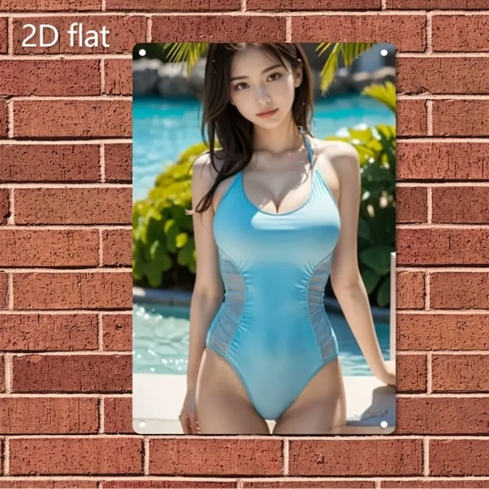 HD Metal Tin Sign Stunning Asian Girl in Light Blue One-Piece Swimsuit Retro Metal Plaque Wall Art for Poolside Decor 8x12 Inch