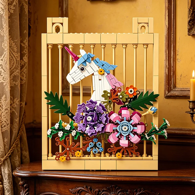 Creative Building Block Flower Photo Frame, Eternal Flower Decorative Painting Assembly Model, Desktop Wall Decoration Gift, Sunflower/Unicorn/Hummingbird Multiple Options Available, Insect and Floral Themed Photo Fram
