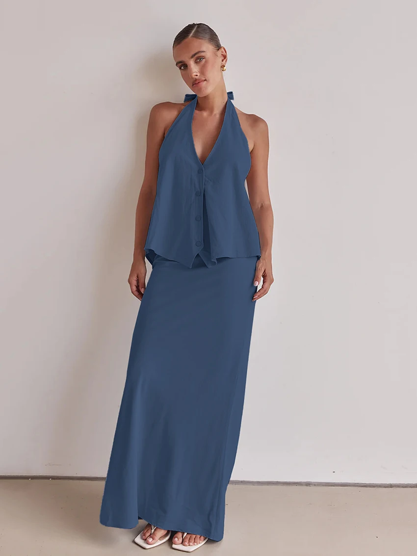 Marthaqiqi Blue Ladies Pajamas 2 Piece Suit Halter Sleepwear V-Neck Nightgowns Tank Tops Nightwear Long Skirt Casual Nightie Set