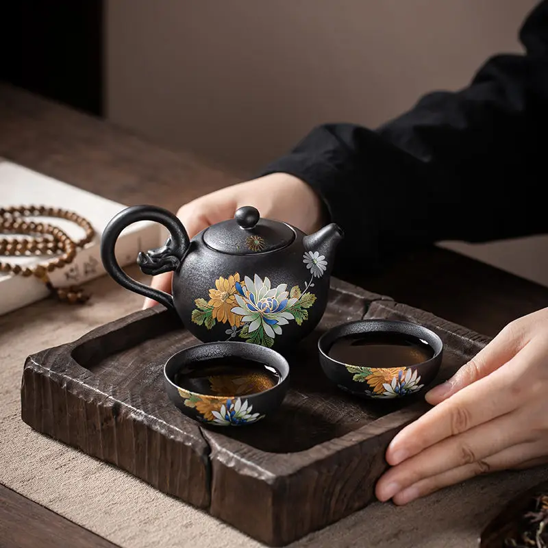 Kiln turned silver black hot stamping relief craft tea cup Goupin cup antique ceramic master cup tea cup Kung Fu tea set
