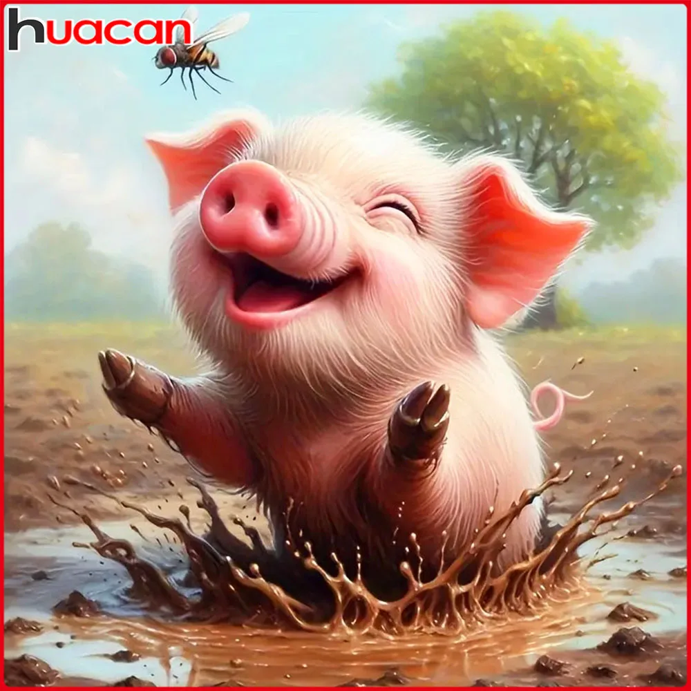 Huacan Full Square Round Dril Diamond Pig Tree Diamond bordado Animal Kit completo regalo hecho a mano