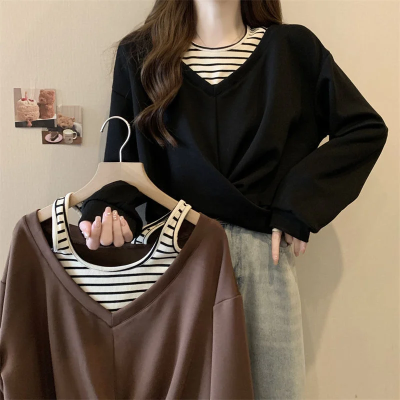 Felpa patchwork irregolare in due pezzi finta Felpa ampia da donna taglie forti Top dimagrante stile corto