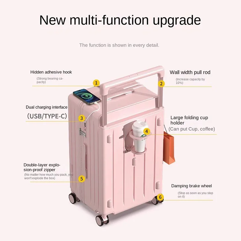 New Upgrade Suitcase Wide Handle Luggage with USB Cup Holder 32 Inch Large Capacity Travel Bag Brake Wheel Password Trolley Case