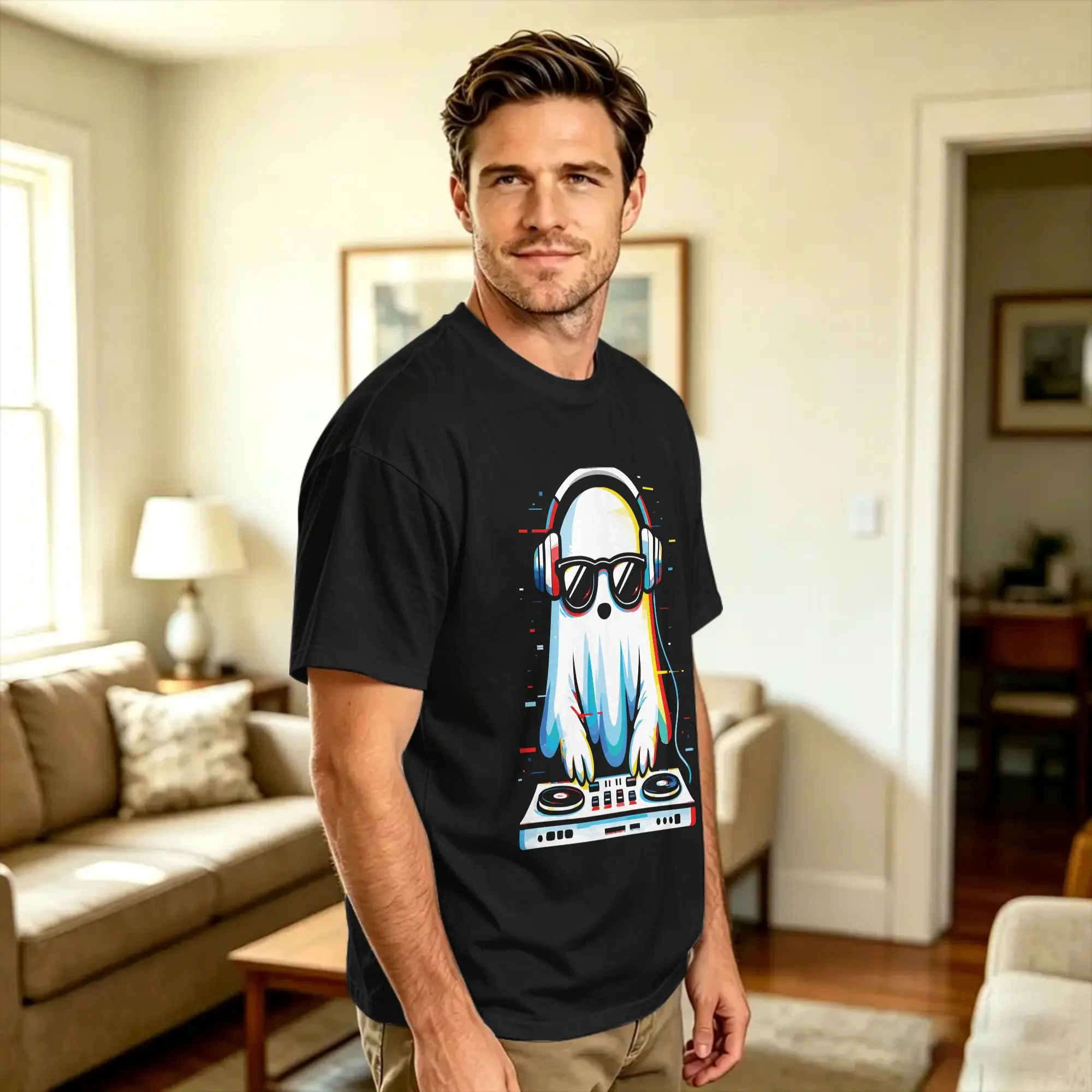 Men Mens Ghost EDM Trippy Festival Techno Rave Halloween Music T-Shirts  100 Cotton Tops Summer Y2K Funny Short-Sleeve T-Shirt