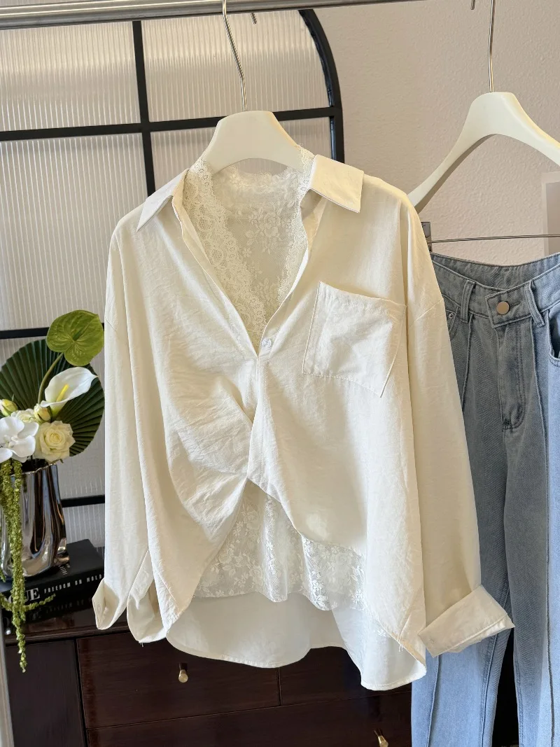 Francuski styl Elegancka dwuczęściowa koszula damska Wiosna Nowa koronkowa kamizelka z dekoltem w szpic Kołnierzyk z długim rękawem Kieszenie Koszule Temperament