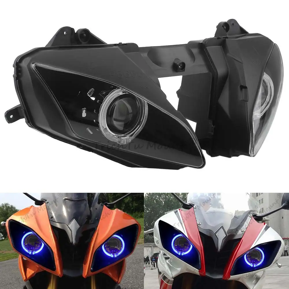 Motorcycle Headlight Led Angel Eye Headlight Assembly Compatible With Yamaha Yzf R6 2006-2007 Black Housing Clear Lens Headlight