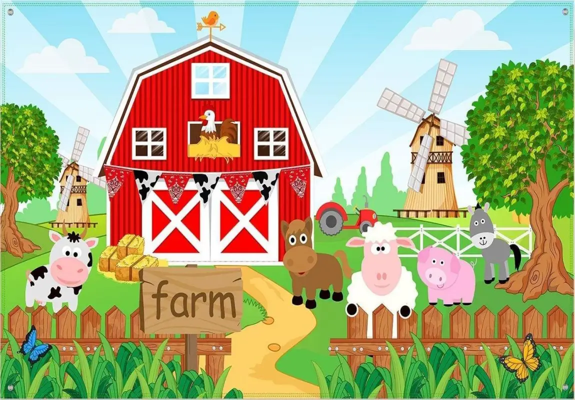 Farm Animals Theme Party Decoration Barn Door Backdrop Banner Children Baby Shower Birthday Party Photography Background Banner