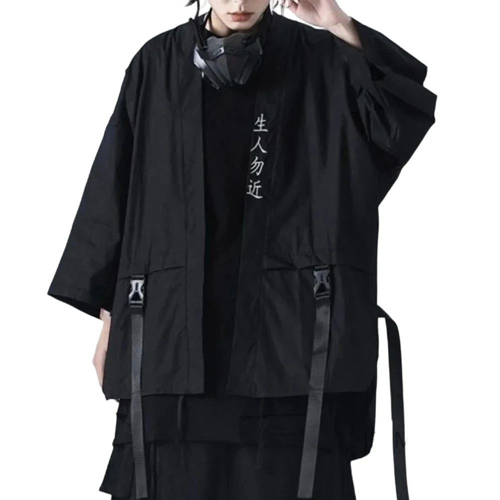 Men Three-quarter Sleeve Japanese Style Embroidered Shirts Short Robes With Ribbon Casual Cardigan Streetwear Shirt