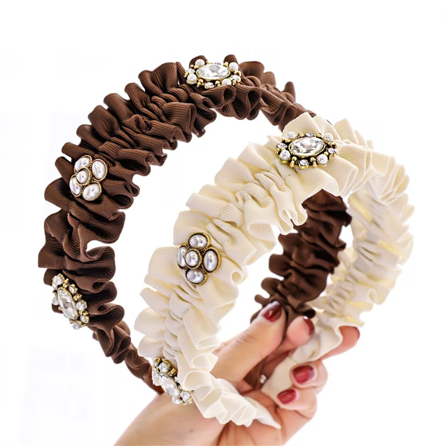 

Korean style new hairband for women solid color pleated fabric crystal pearl headband fashionable high-end hair accessories