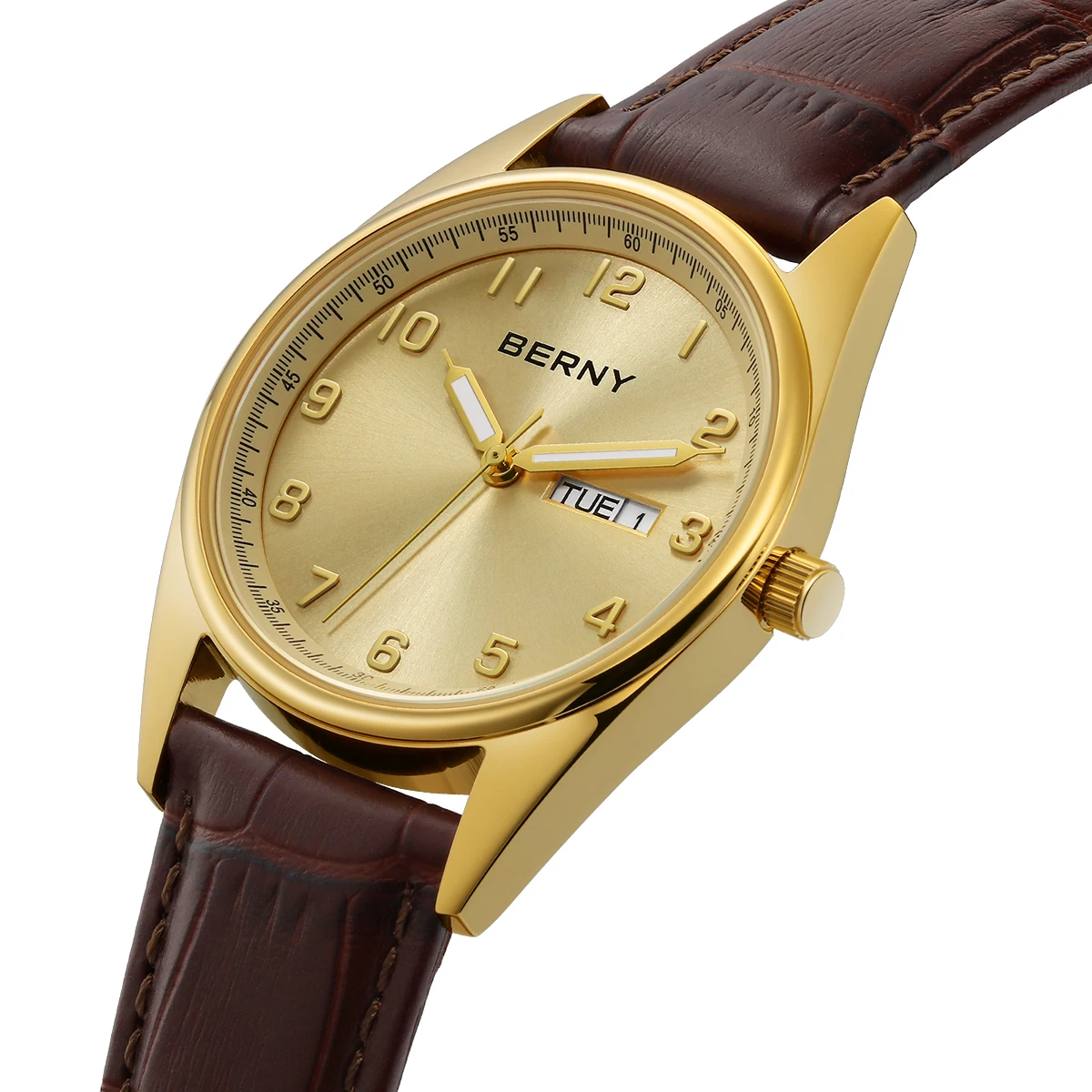 

BERNY Gold Watches for Men Classic Date Week Luminous Luxury Golden Men's Dress Quartz Watch Elegant Lightweight Wristwatch