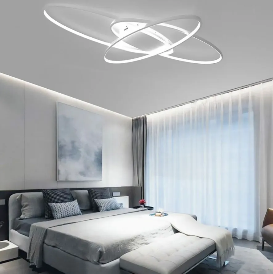 Modern Black/White 3 Staggered Long Ellipses LED Ceiling Light with Remote Control for Dining Room Bedroom