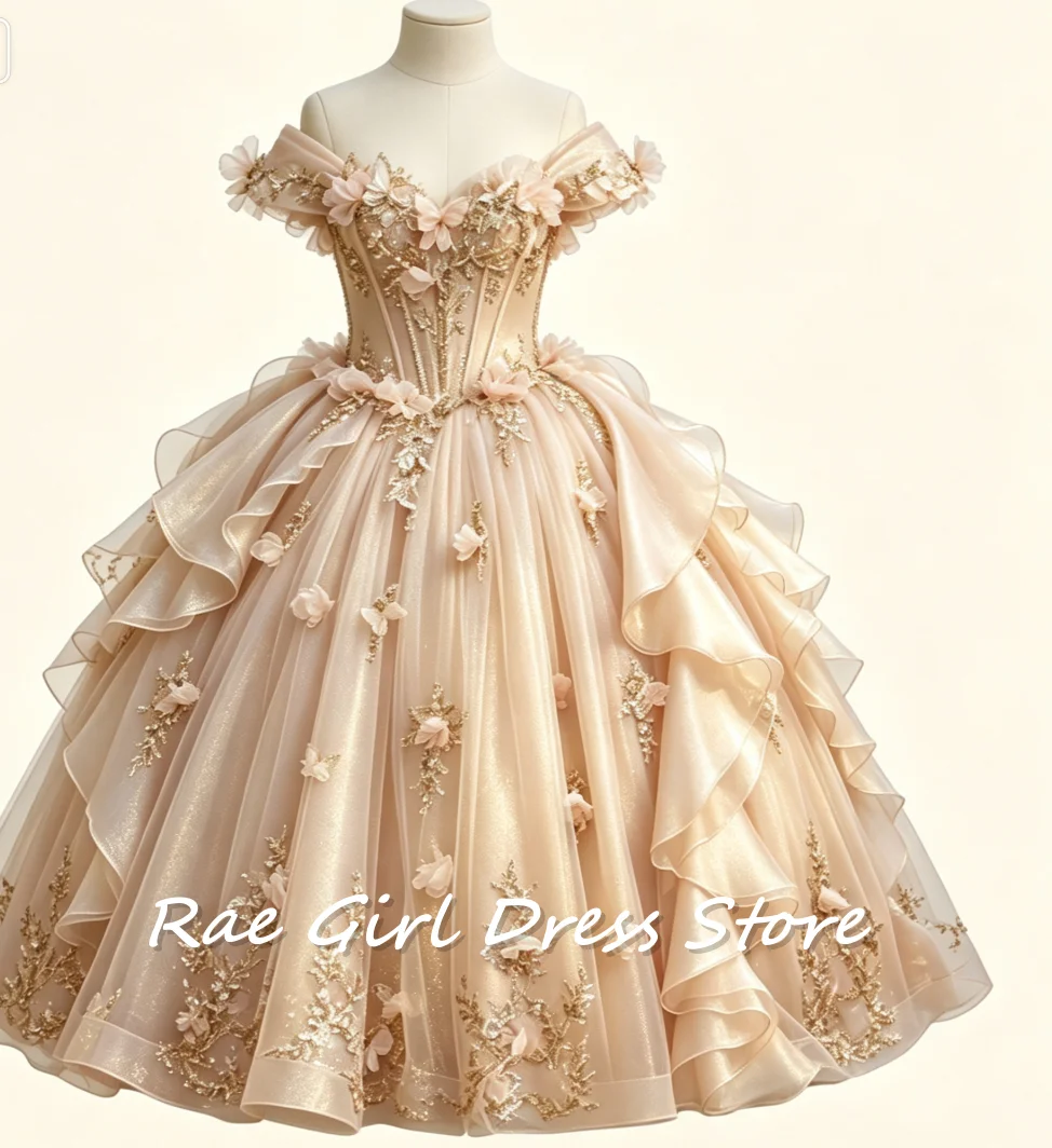 Flower Girl Dress Off Shoulder Short Sleeves Floor Length Puffy Tulle Gown 3D Floral Gold Embroidery Layers Wedding Pageant