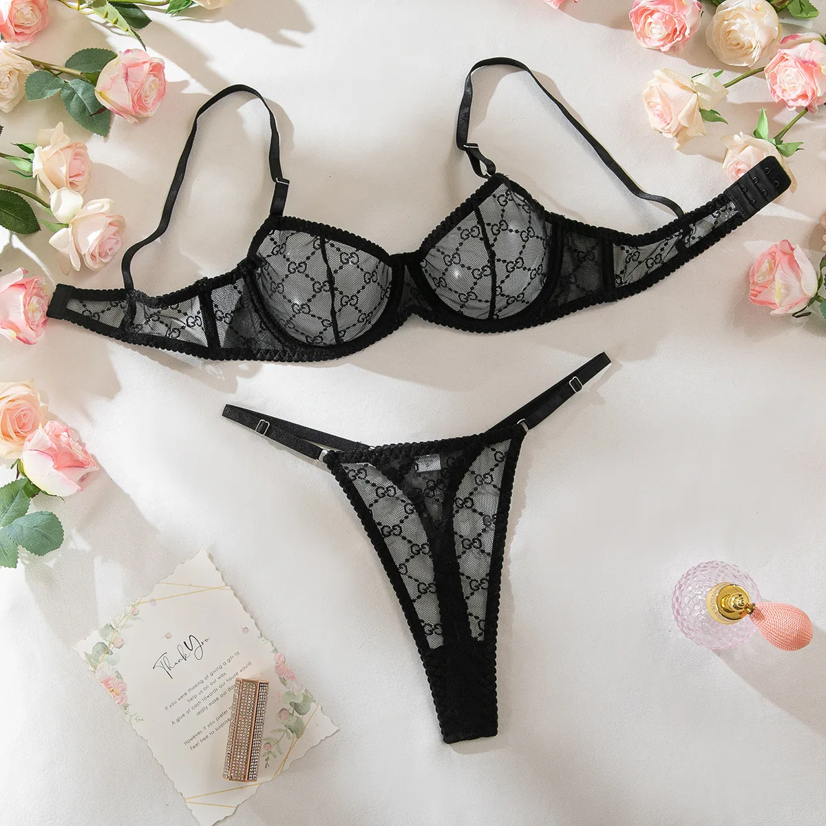 Sexy Underwire Cute Push Up Strappy Embroidered Mesh Sheer Lingerie Set See Through Panty Bra - Image 6