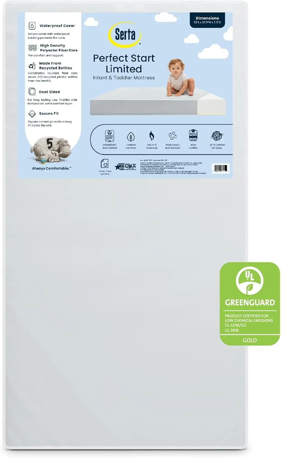 

Двусторонний матрас для детской кроватки, водонепроницаемый, сертифицированный GREENGUARD Gold, сделано в США с гарантией 7 лет