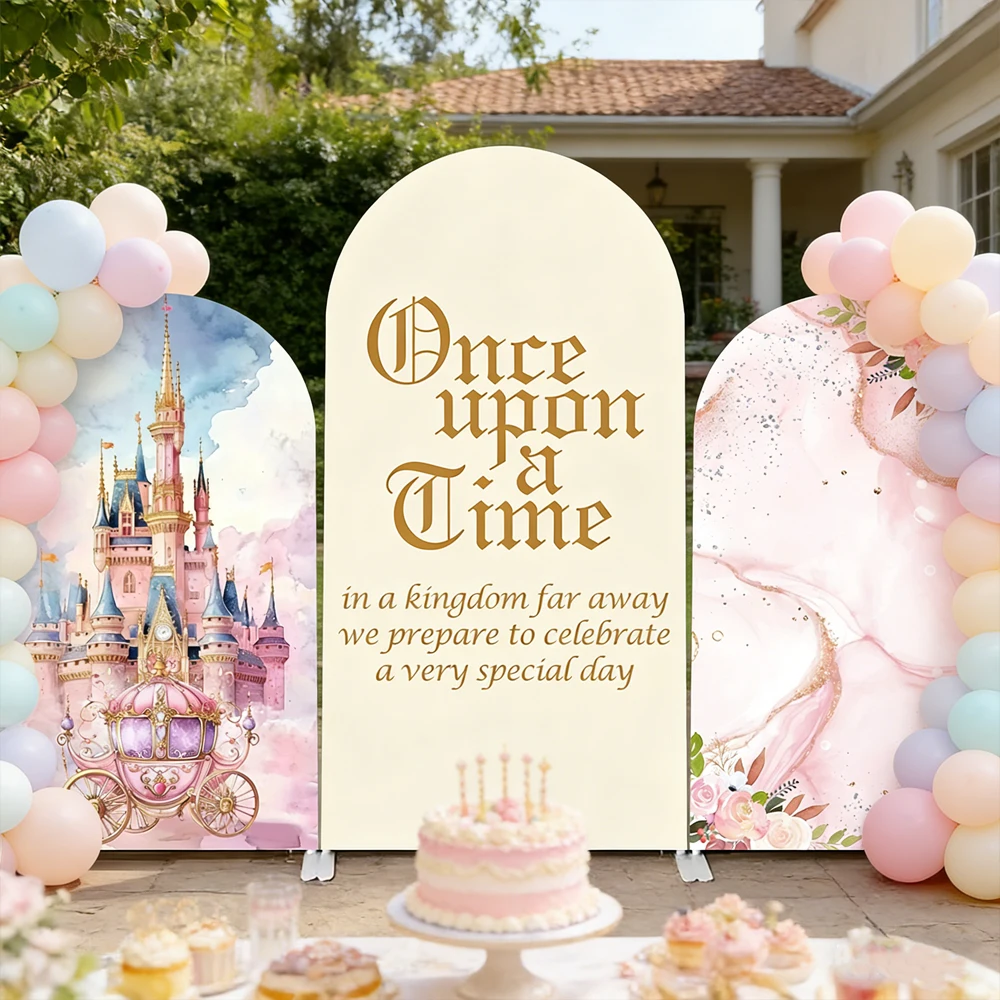 Fondo de arco de cumpleaños de princesa para niña, cubierta de fondo, lazo elegante, Castillo de cuento de hadas, decoración de fiesta de bienvenida de bebé, fondo para estudio fotográfico