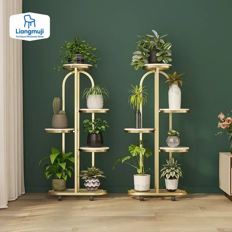 Soporte de flores de Metal antiguo para interiores, soporte de flores de suelo de varias niveles, comedor, Plantenrek dorado, muebles de balcón