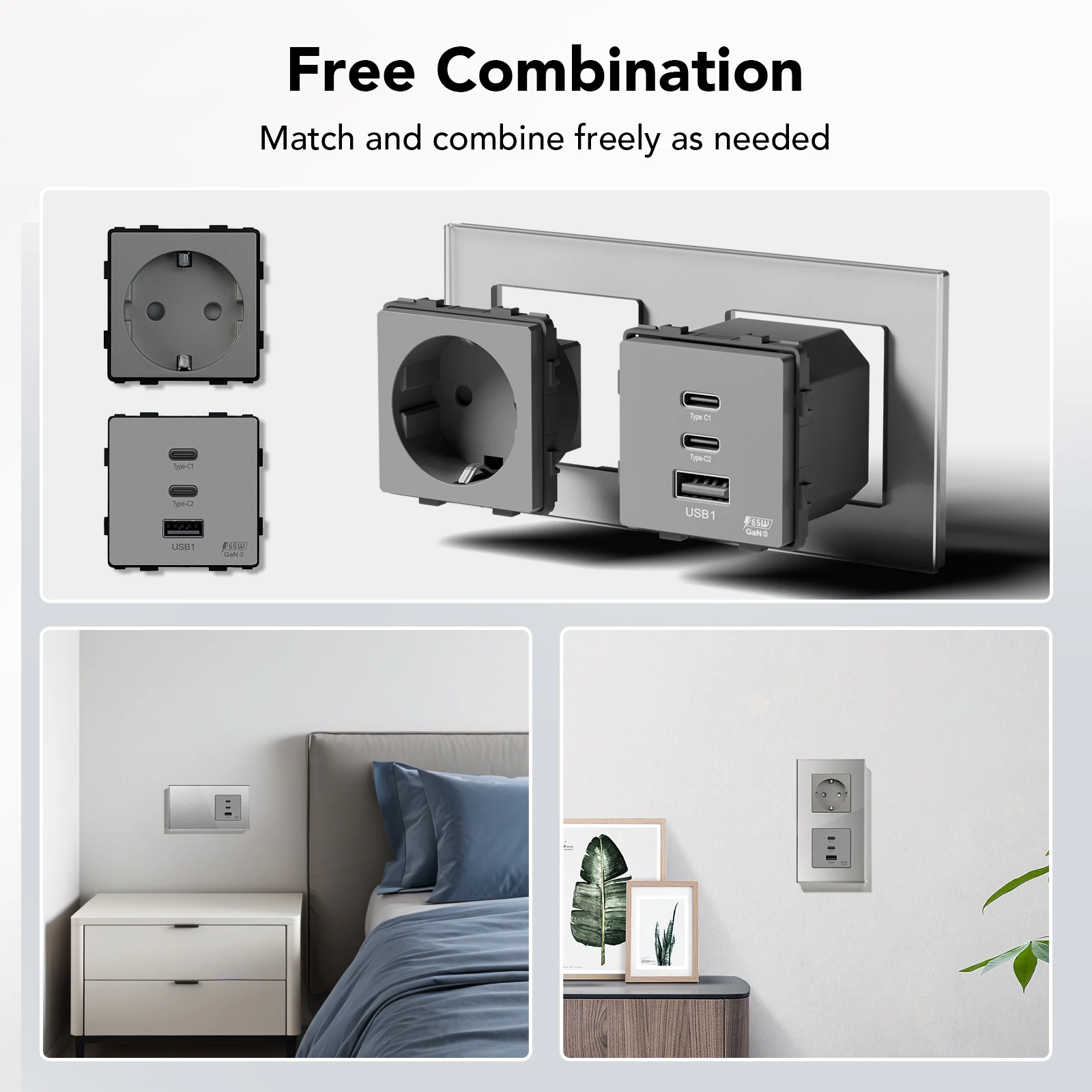 BSEED Universal 65W Quick Charge USB Port Glass Panel Power Wall Socket Type C Power Delivery Charge USB Socket EU Standard