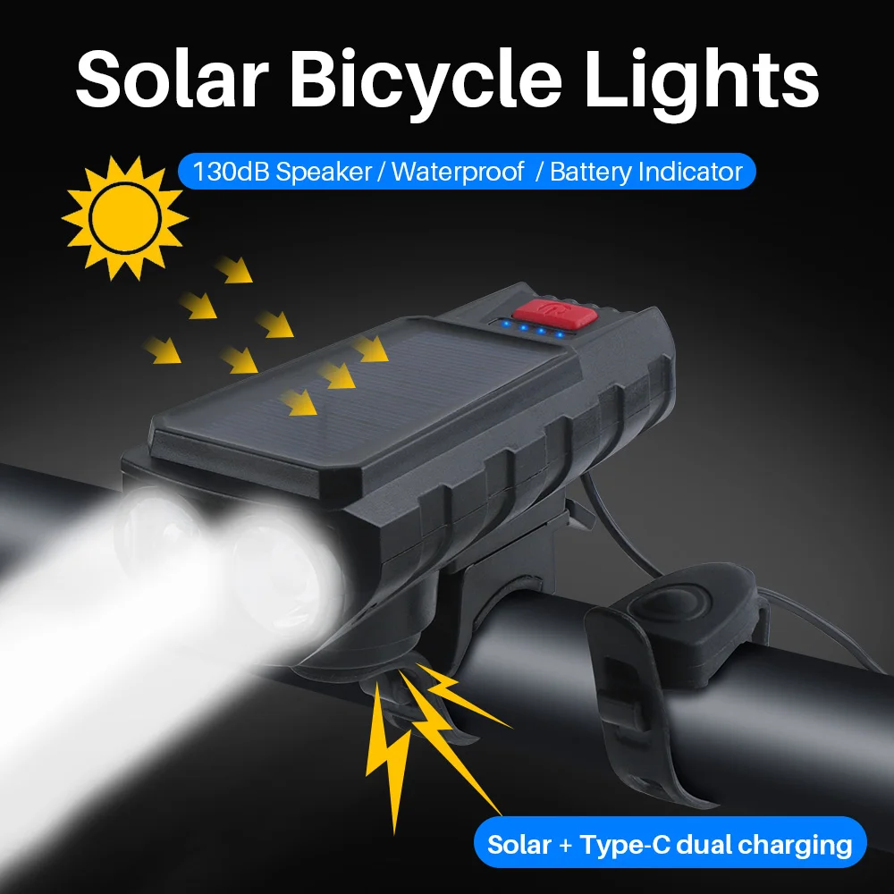 Solar Bicycle Light with 130dB Horn TYPE-C Rechargeable MTB Road Bike Front Lamp 1500mAh Cycling Headlight for Night Riding