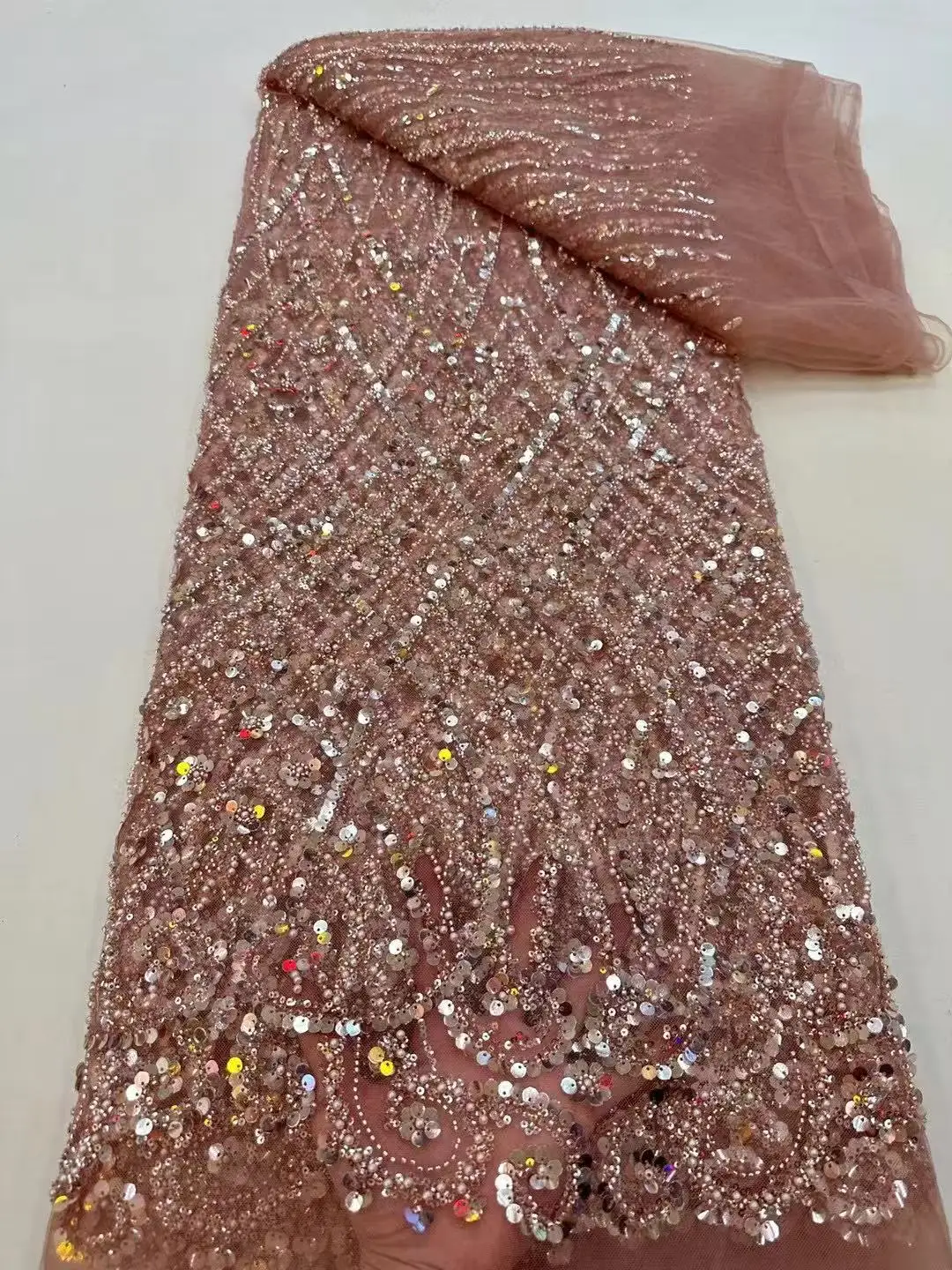African Heavy Beaded Lace Fabric Nigerian Embroidered  Sequins Groom Wedding Party Dress Sewing High Quality 5 Yards 2026