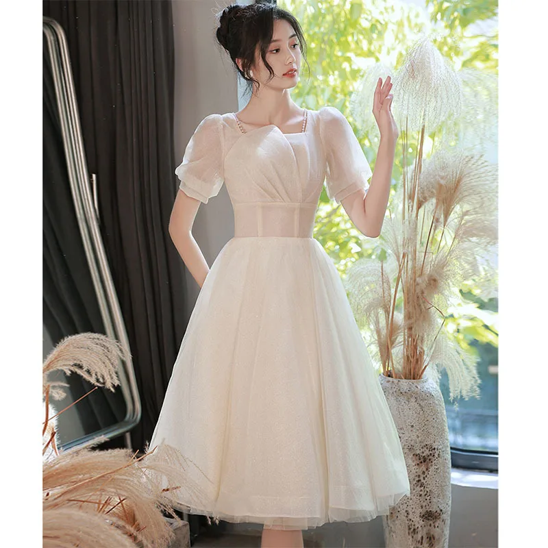 

Fashion Champagne Square Collar Puff Sleeve Back Bandage A-Line Evening Dress Women Formal Gowns Robe De Soiree Cheongsam