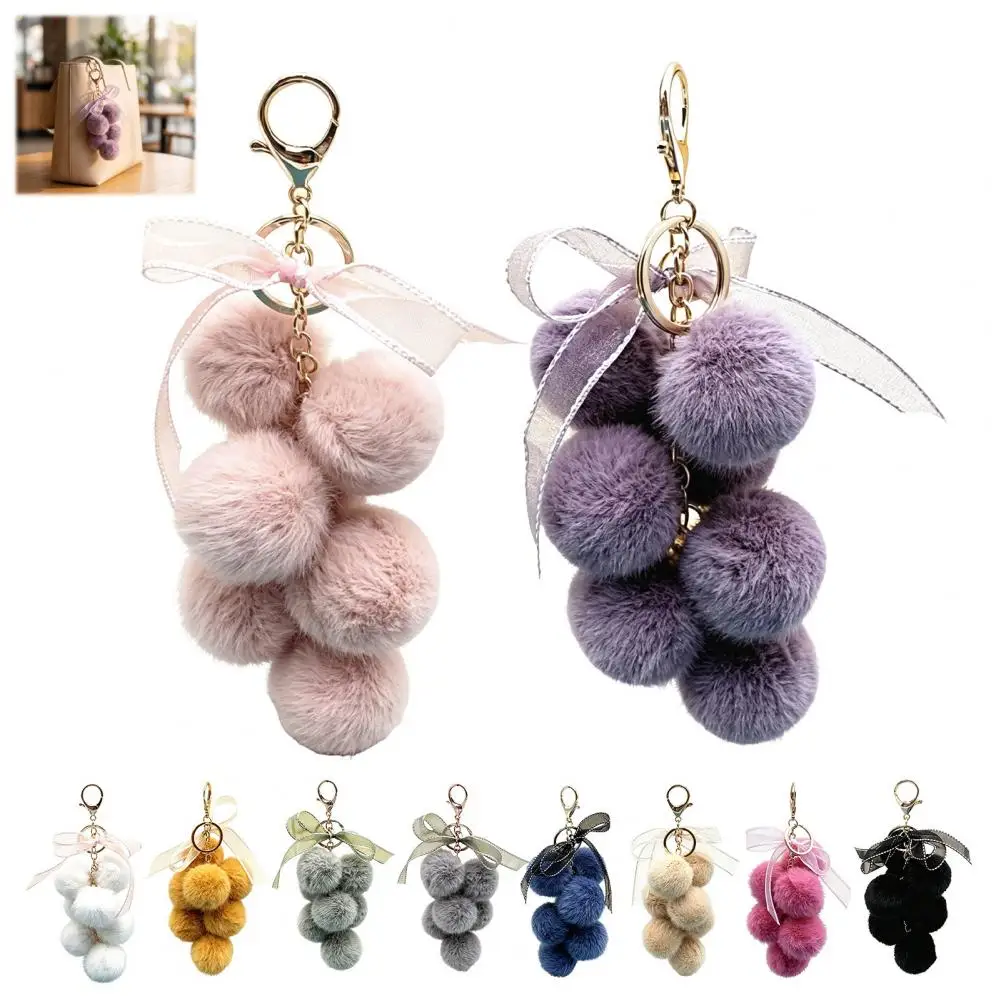 Plush Grape Keychain for Handbags, Fuzzy Grape Cluster Bag Charm with Bow, Decorative Fluffy Ball Keyring for Backpacks and Purs