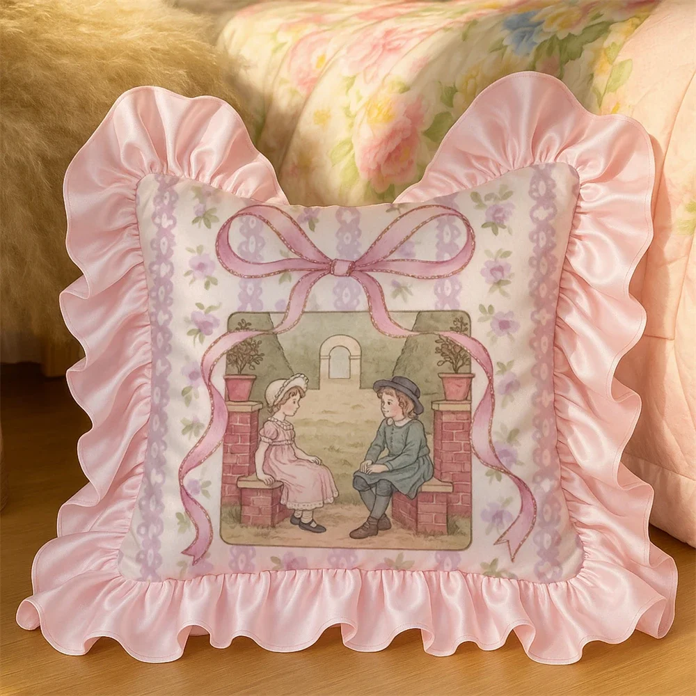 Forest Style Retro Pillow Cartoon Bow Girl Heart Lace Pink Cushion Home Decoration Cool Feeling Car Cushion Pillowcase Core