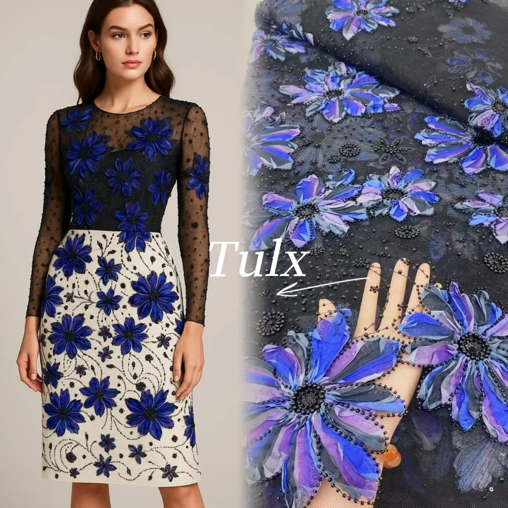 

Luxury African 3D Flowers Sequins Lace Fabric High Quality Beaded Embroidery Lace French Tulle for Nigerian Wedding Dresses
