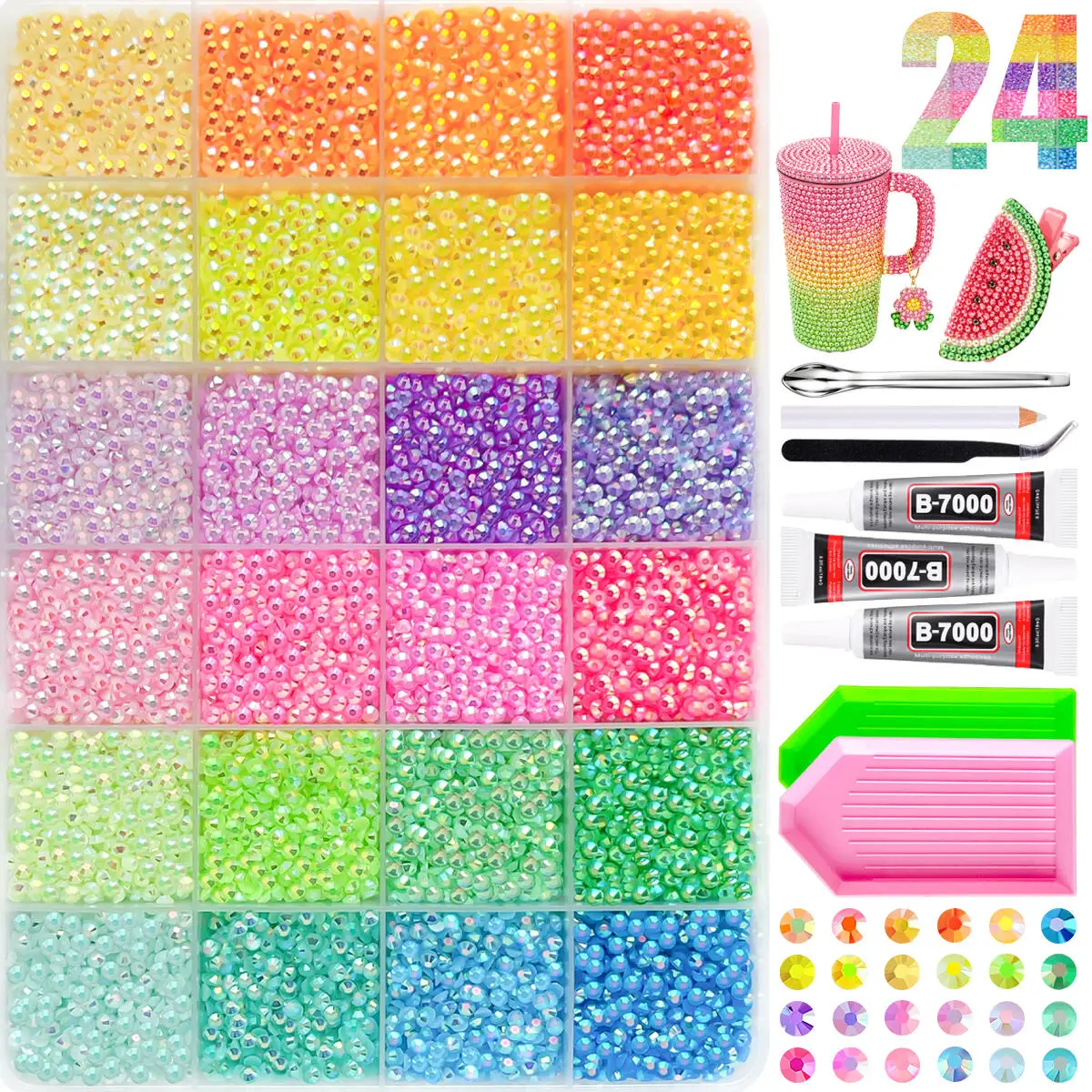 1Box Candy Colors Sparkling AB Nail Rhinestones Bedazzling Kit 3mm New 24-Colors Flatback Semi-circular Resin Diamond Art DIY