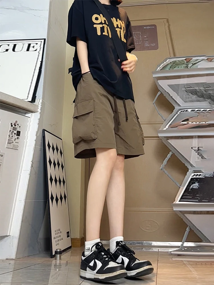 

Cé Brown Men's Workwear orts Summer Trendy American Functional Large ket Qui Dry Loose Casual Five-Quarter Pants