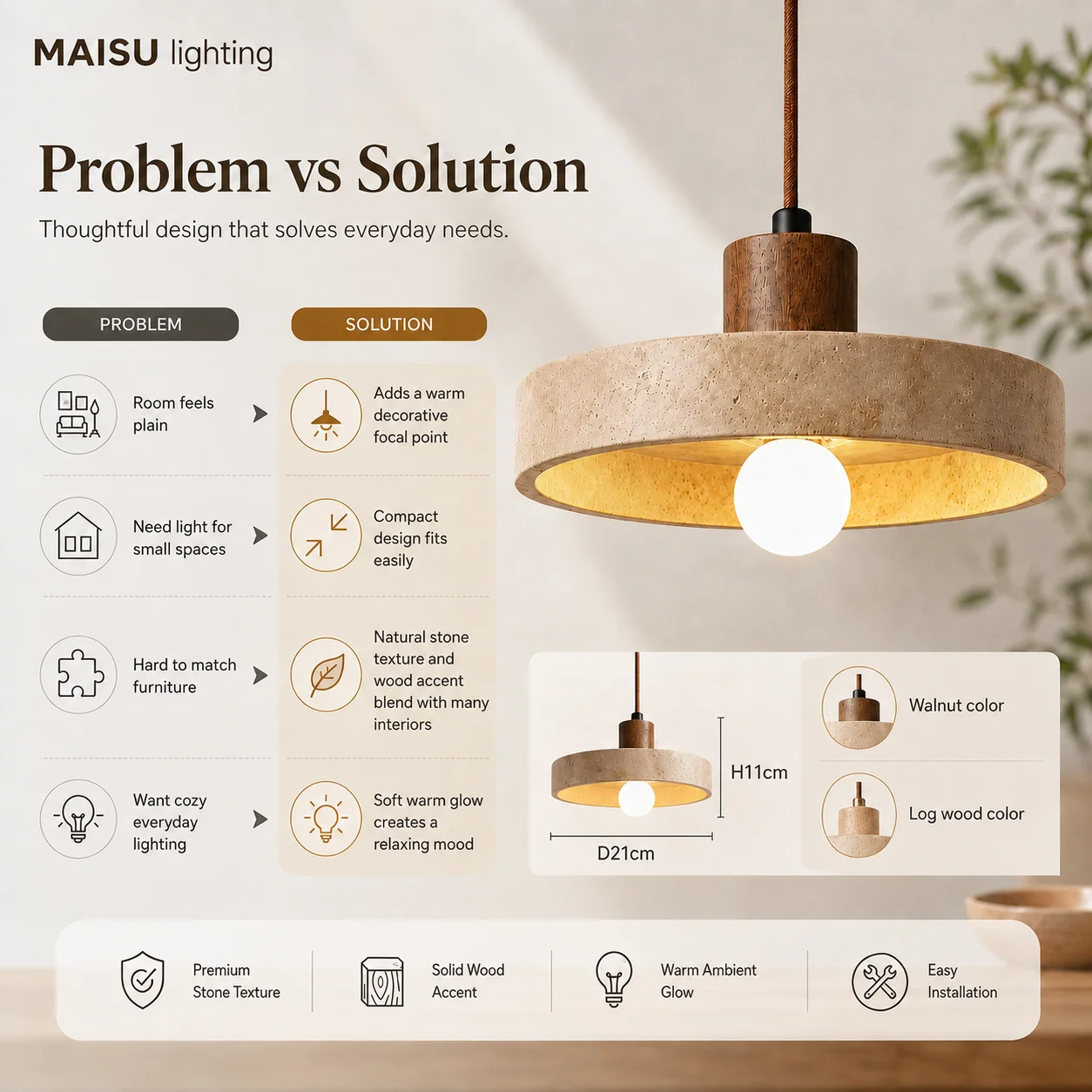 MAISU Yellow Travertine Pendant Light Japanese Cave Stone for Kitchen Island Restaurant Bedroom Bedside Home Decor