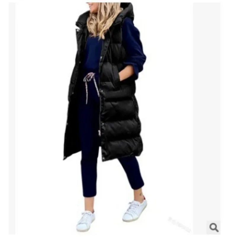 Women Solid Color Hooded Long Coat 2023 Autumn Winter Vest Long Parkas Women Loose and Warm Single-Brewed Zip Sleeveless Parkas