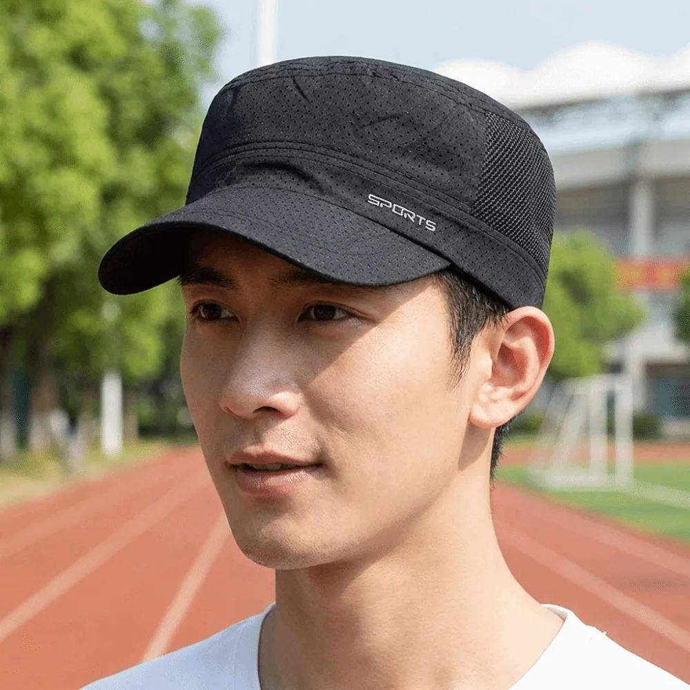Casual Mesh Flat Top Hat Adjustable Solid Color Flat Peaked Cap Quick Drying Sun Protection Men’s Sun Hat Hiking
