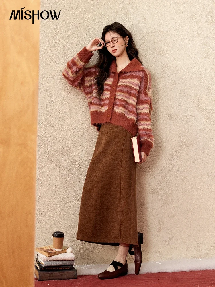 MISHOW Red Striped Sweater Faux Mink Fur Stand Collar Knitted Cardigan Contrast Color Vintage Thickened Warm Tops MXD59Z1005