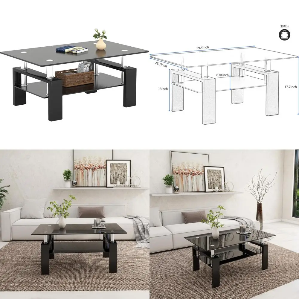 

Modern 2-Tier Glass Coffee Table with Rectangular Design for Living Room - Sleek Black Side Table