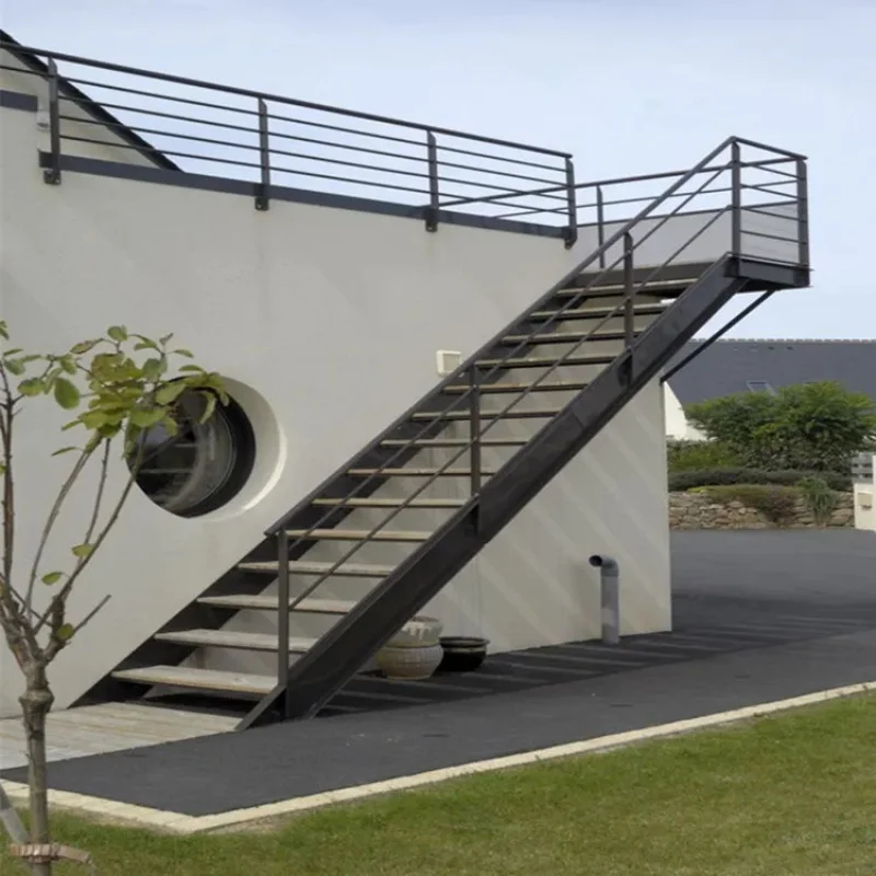custom.Outdoor Stairs Custom Steel Structure External Straight Staircase Wood Steps Straight Stairs With Glass Railing