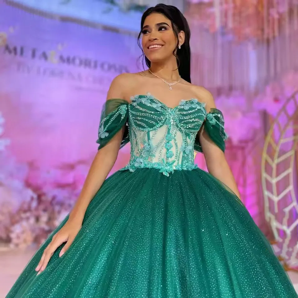 فستان مخصص من Vestidos De 15 Años Quinceañeras أخضر مطرز بالزهور ثلاثية الأبعاد فستان Quinceanera للنساء فستان الحلو 15 16