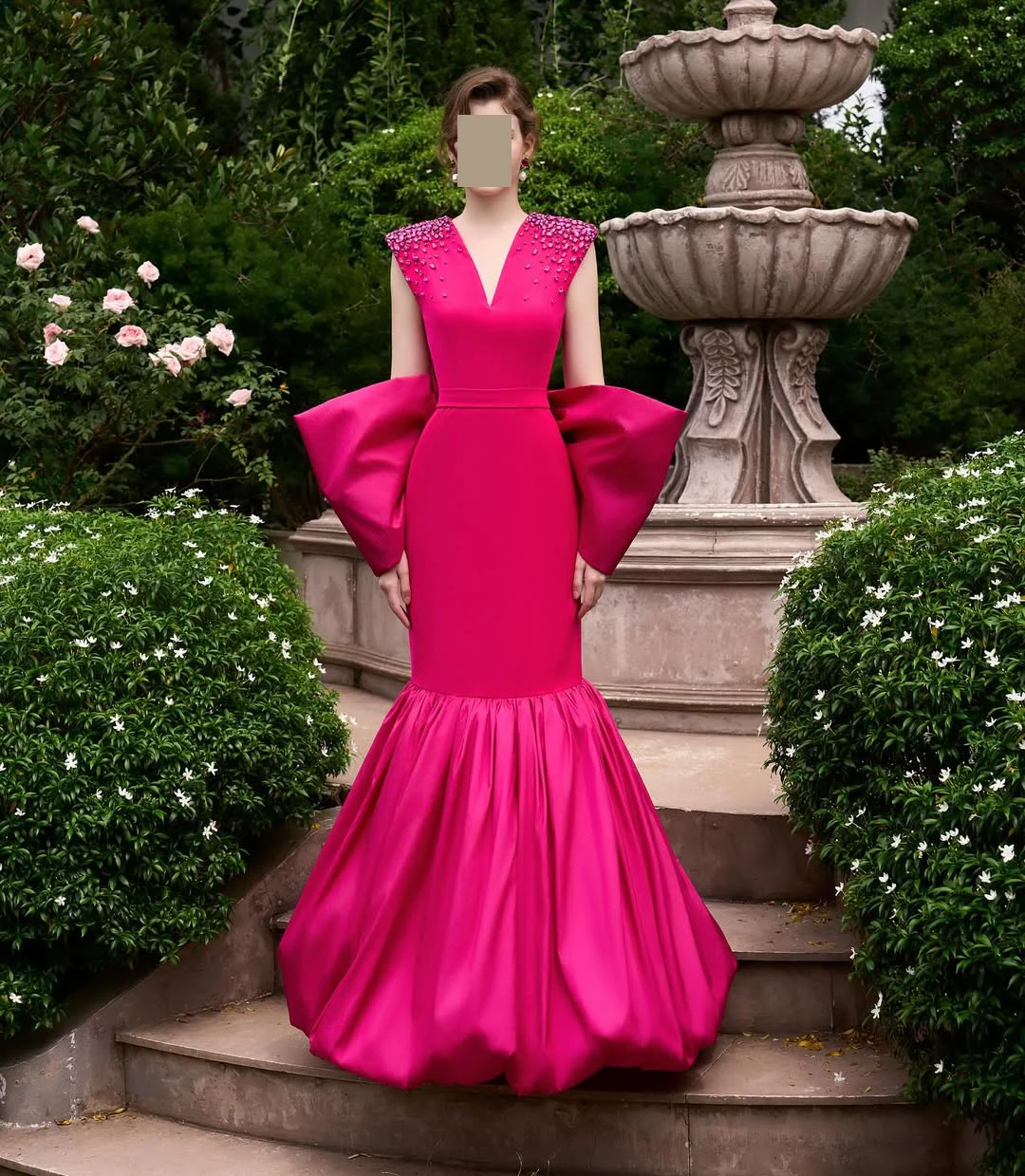 

QR Customized Elegant Evening Dresses Mermaid Big Bow Belt V Neck Satin Pleats Rhinestone Luxurious Prom Floor Length Zipper