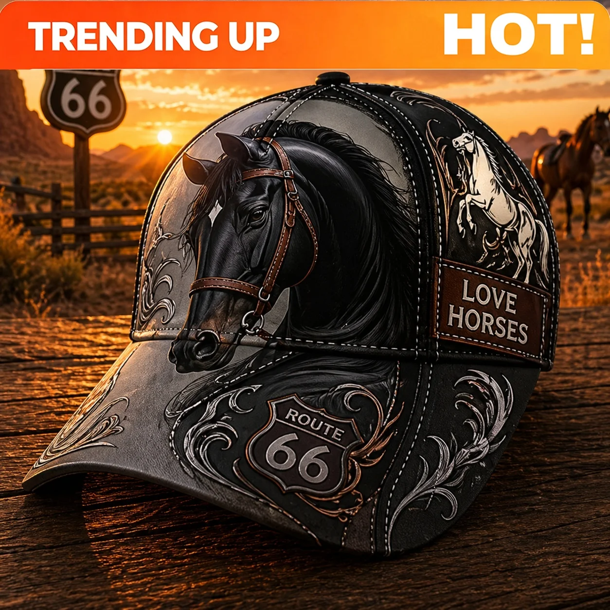 Custom Bohemian Western Horse Ranch Baseball Cap with Horse & Ranch Print, Adjustable Sun Hat Suitable for Rodeo, Parties