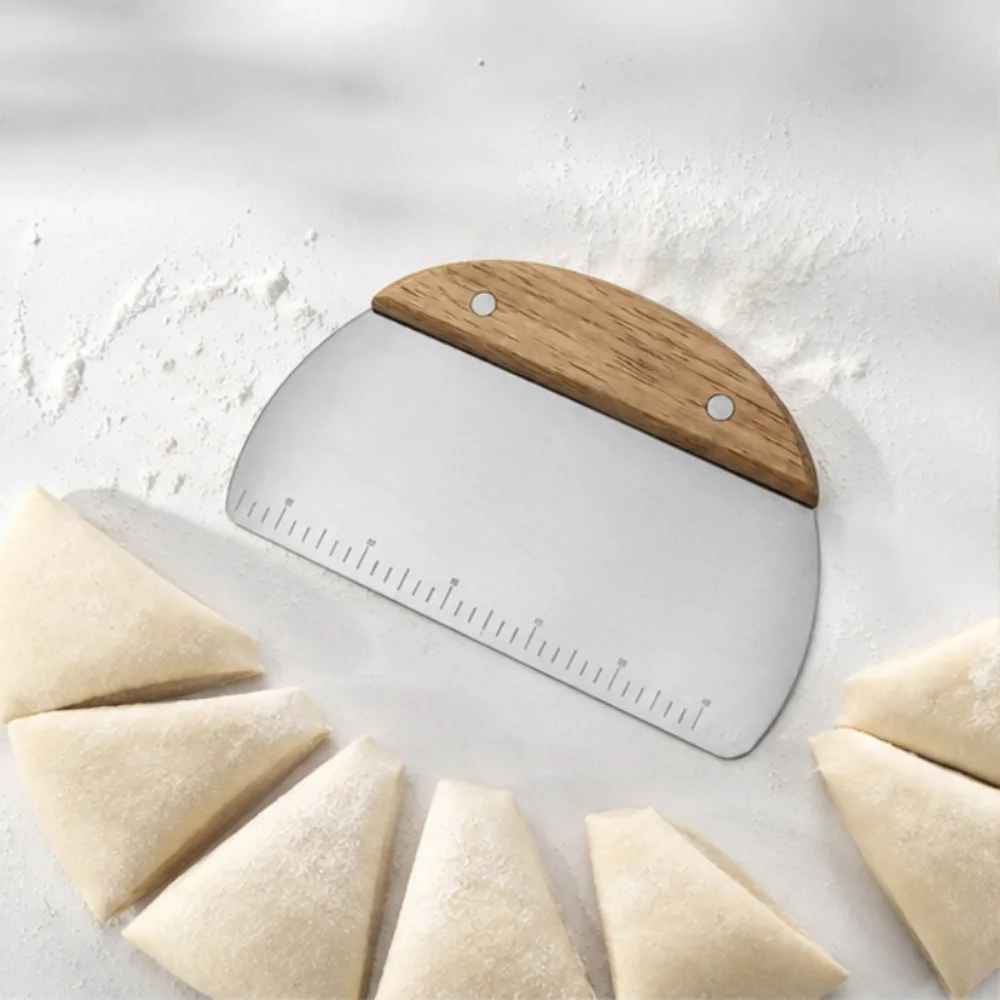 Dough Cutter Stainless Steel Oak Handle Pastry Scraper Dual Scale Sharp Edge for Bread Pizza Pie Cookie Baking and Dough Shaping