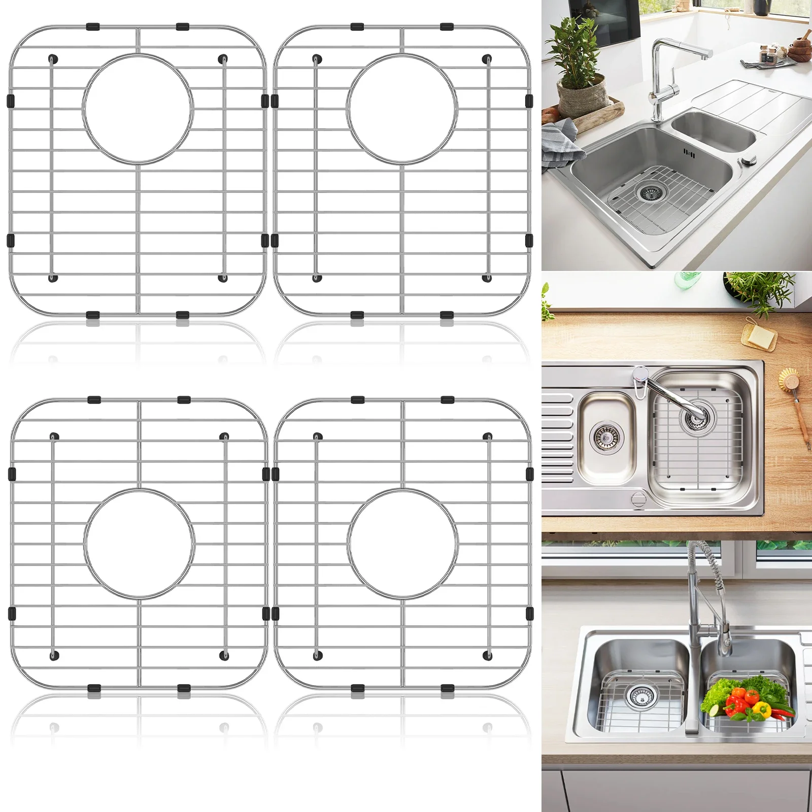 Rejilla para fregadero de cocina de 2 piezas, protectores de acero inoxidable 304 para fregadero de doble cuenco, rejilla inferior con protectores